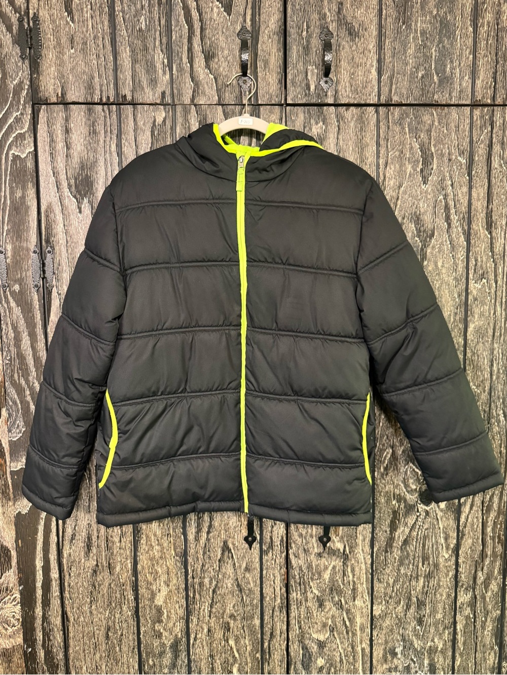 Faded Glory Black & Lime Green Hooded Puffer Jacket, XXL/18